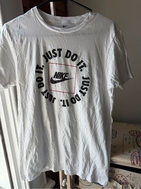 Nike White Short Sleeve Tee with Black 'Just Do It' Circle Logo